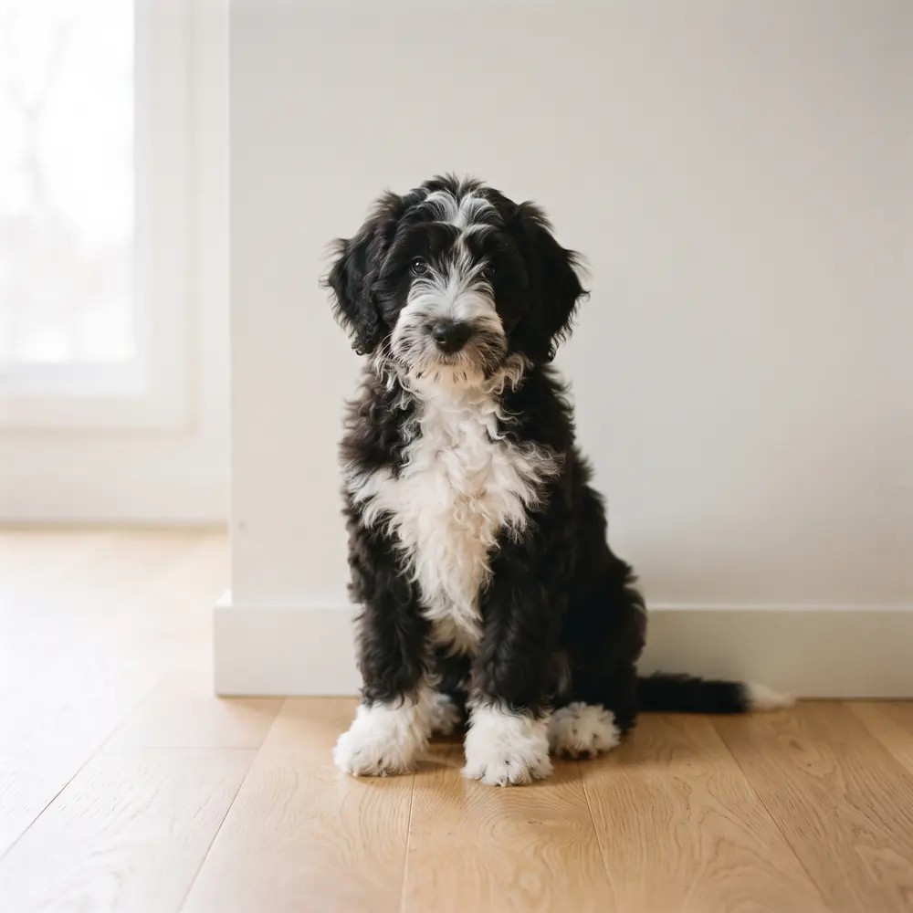 Illustration of a Sheepadoodle: the breed standard colour coat. Not a photograph of a puppy for sale.