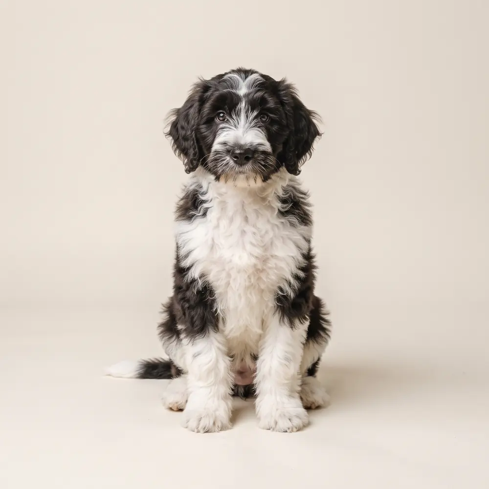 Illustration of a Sheepadoodle: the breed standard colour coat. Not a photograph of a puppy for sale.