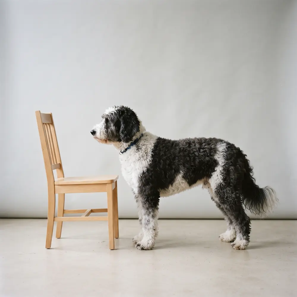 Illustration of a Sheepadoodle: grown, about 20–36 kg. Not a photograph of a puppy for sale.