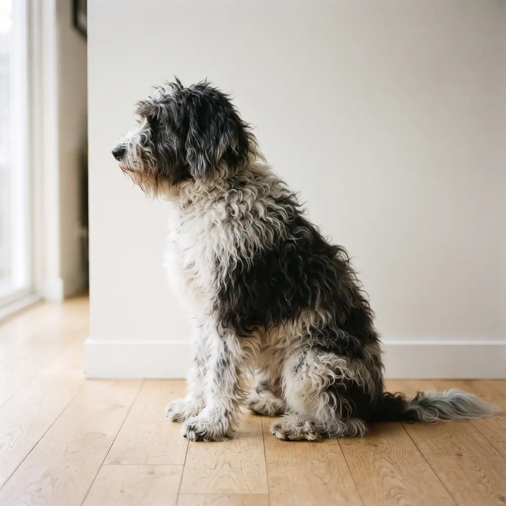 Illustration of a Sheepadoodle: the coat between grooms. Not a photograph of a puppy for sale.
