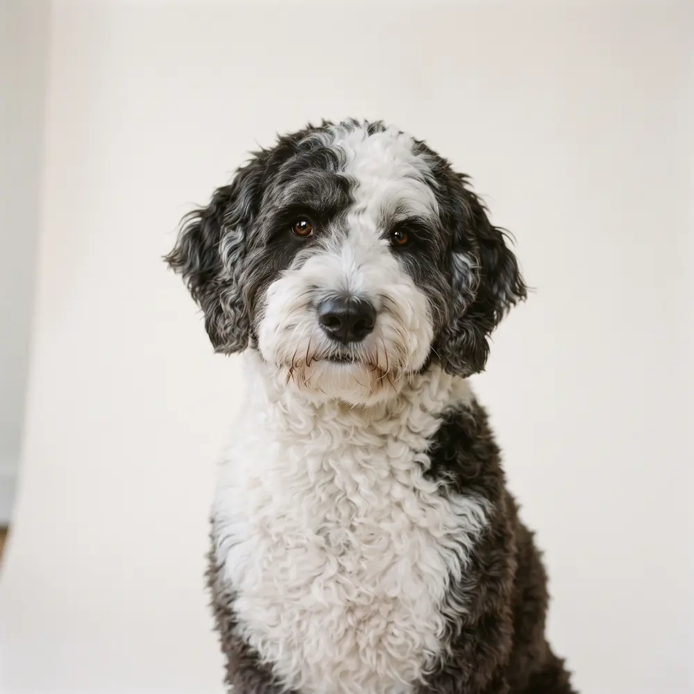 Illustration of a Sheepadoodle: head, ears and muzzle up close. Not a photograph of a puppy for sale.