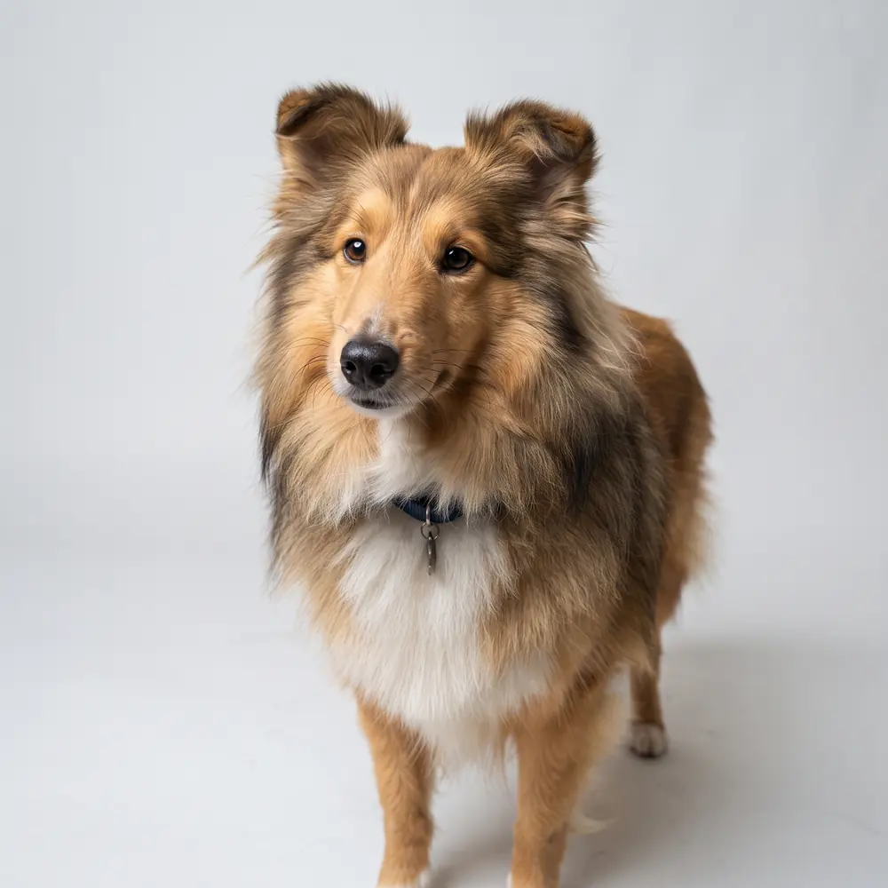 Illustration of a Shetland Sheepdog: head, ears and muzzle up close. Not a photograph of a puppy for sale.