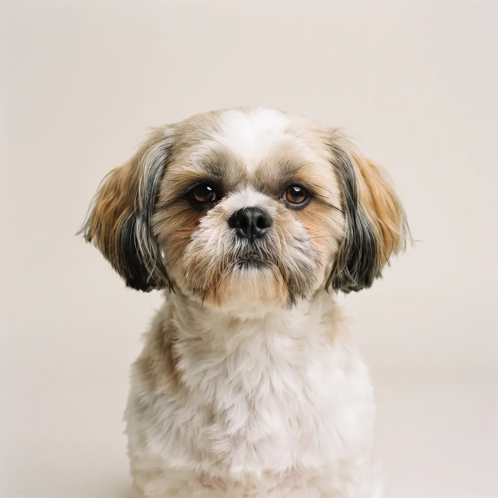 Illustration of a Shih Tzu: head, ears and muzzle up close. Not a photograph of a puppy for sale.