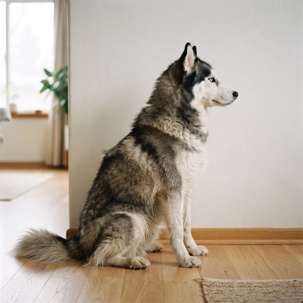 Illustration of a Siberian Husky: the coat between grooms. Not a photograph of a puppy for sale.