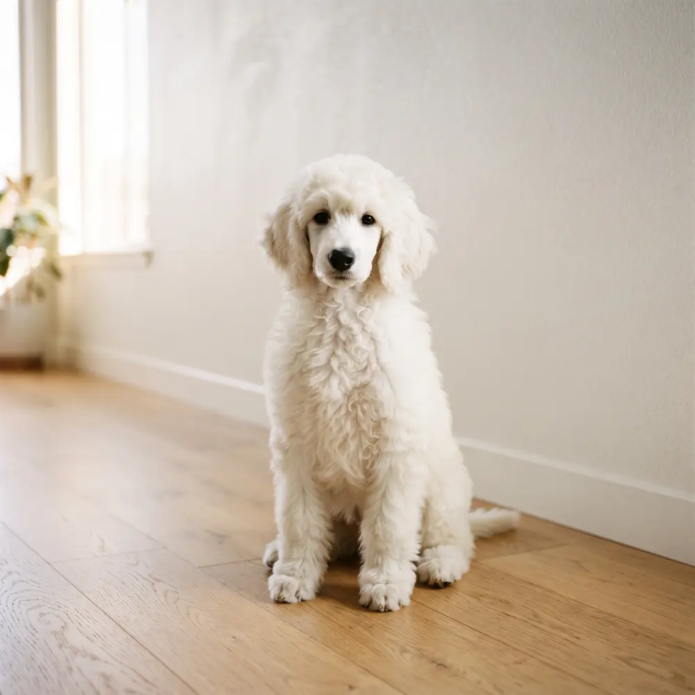 Illustration of a Standard Poodle: white coat. Not a photograph of a puppy for sale.