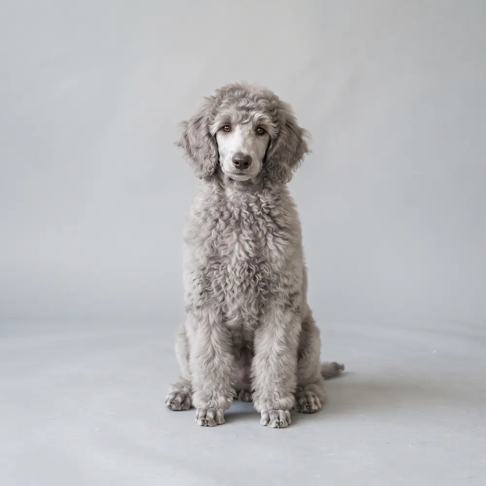 Illustration of a Standard Poodle: silver coat. Not a photograph of a puppy for sale.