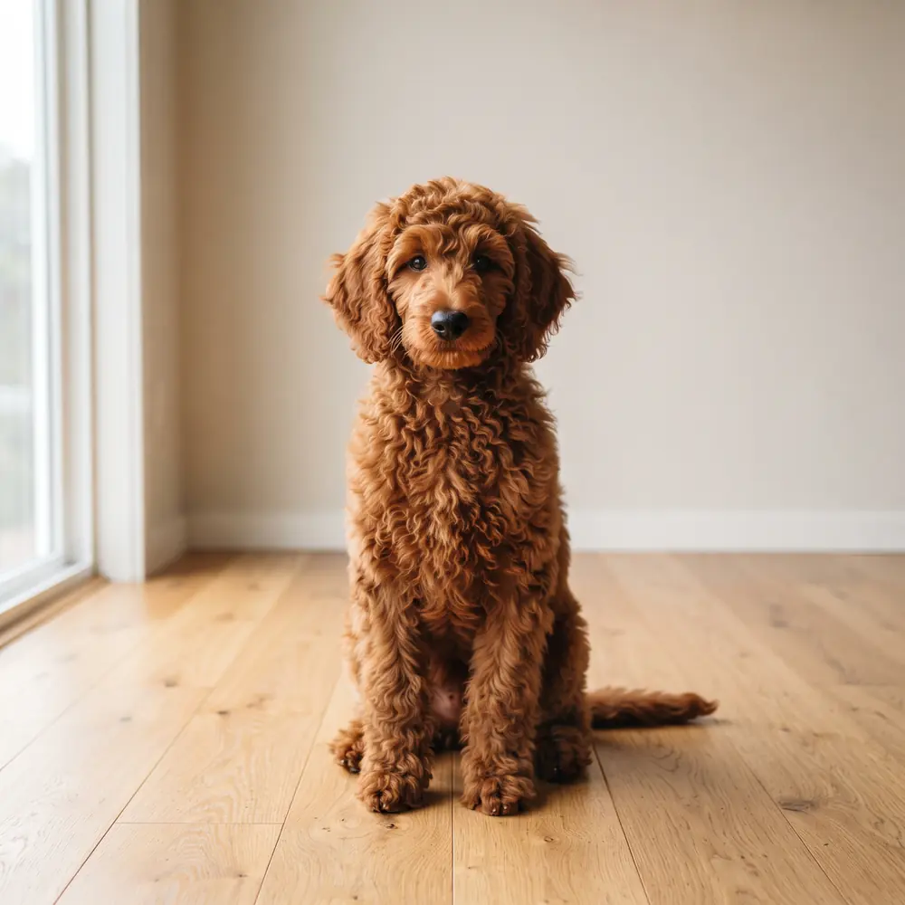 Illustration of a Standard Poodle: red coat. Not a photograph of a puppy for sale.