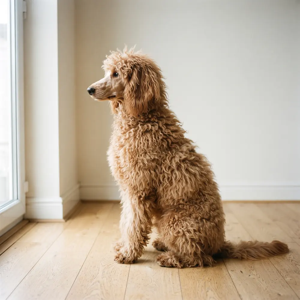 Illustration of a Standard Poodle: the coat between grooms. Not a photograph of a puppy for sale.