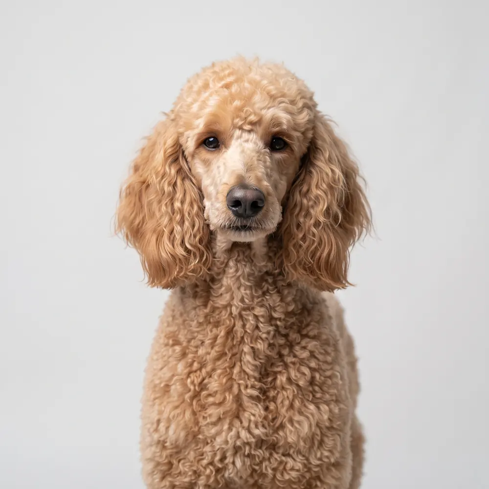 Illustration of a Standard Poodle: head, ears and muzzle up close. Not a photograph of a puppy for sale.