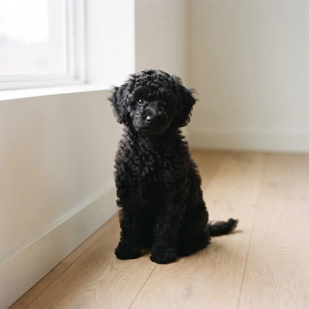 Illustration of a Toy Poodle: black coat. Not a photograph of a puppy for sale.