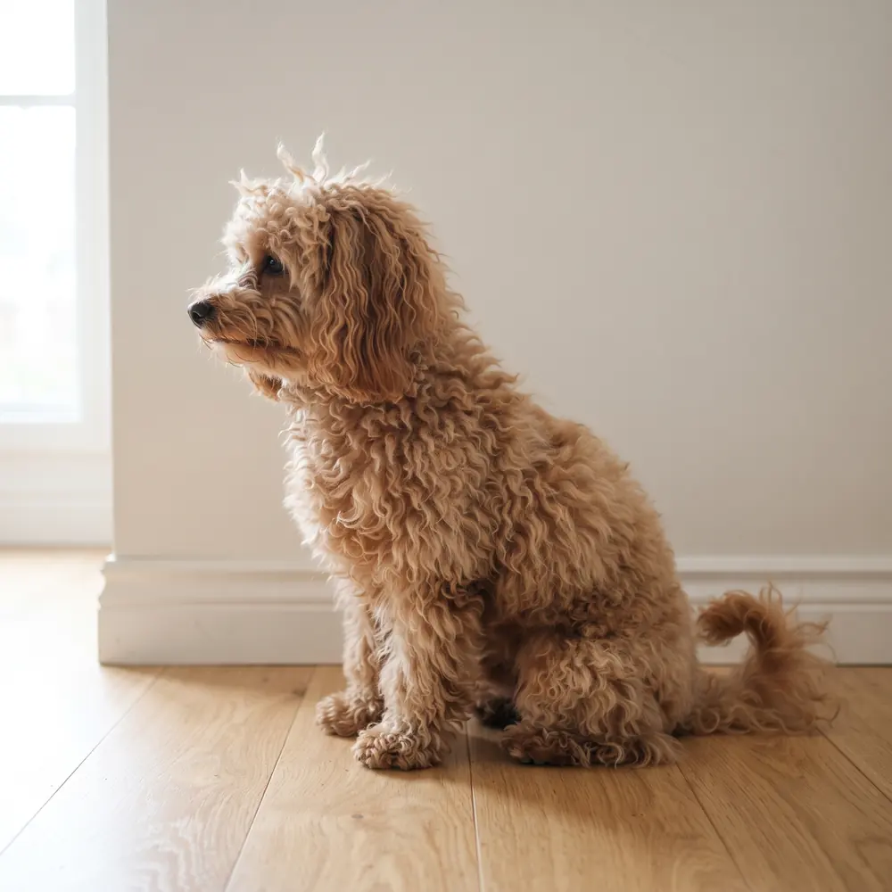 Illustration of a Toy Poodle: the coat between grooms. Not a photograph of a puppy for sale.