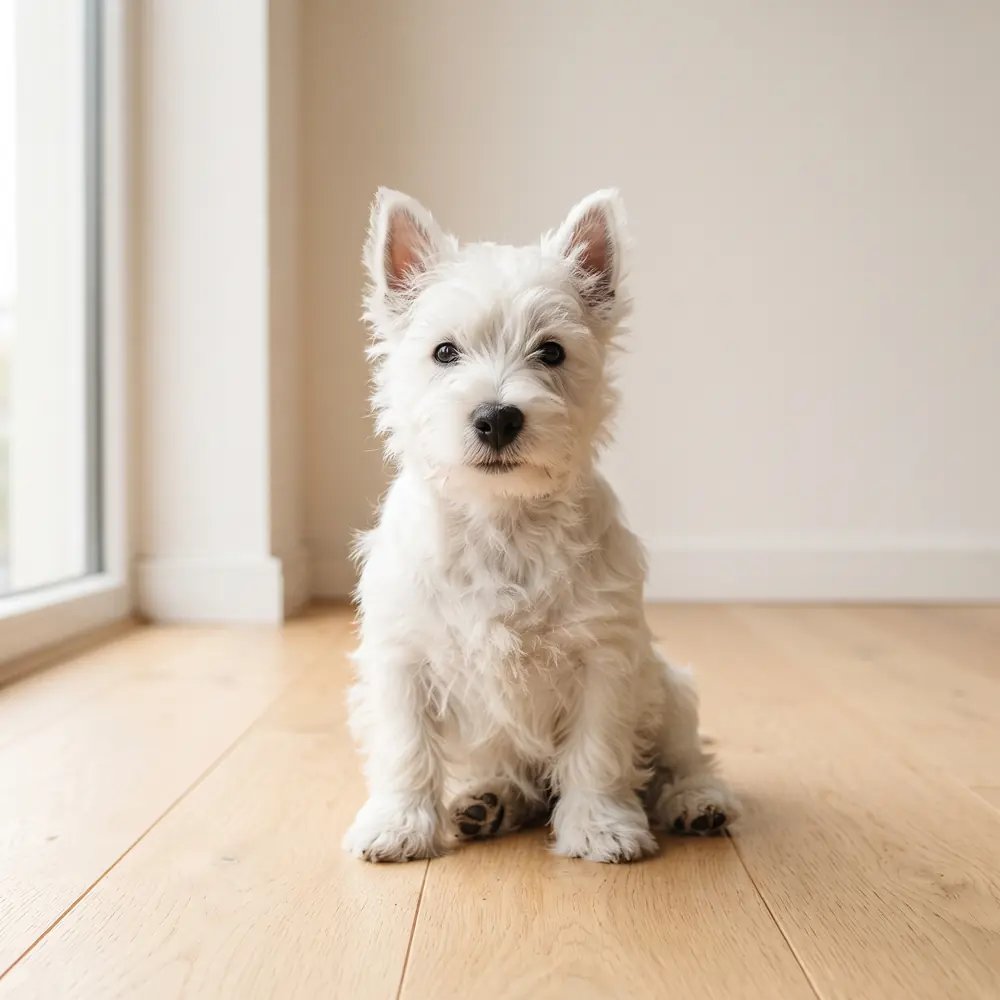 Illustration of a West Highland Terrier: bright white coat. Not a photograph of a puppy for sale.