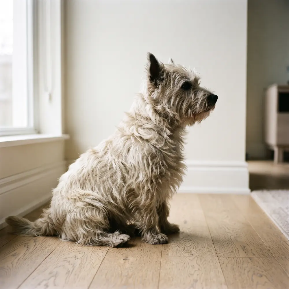 Illustration of a West Highland Terrier: the coat between grooms. Not a photograph of a puppy for sale.