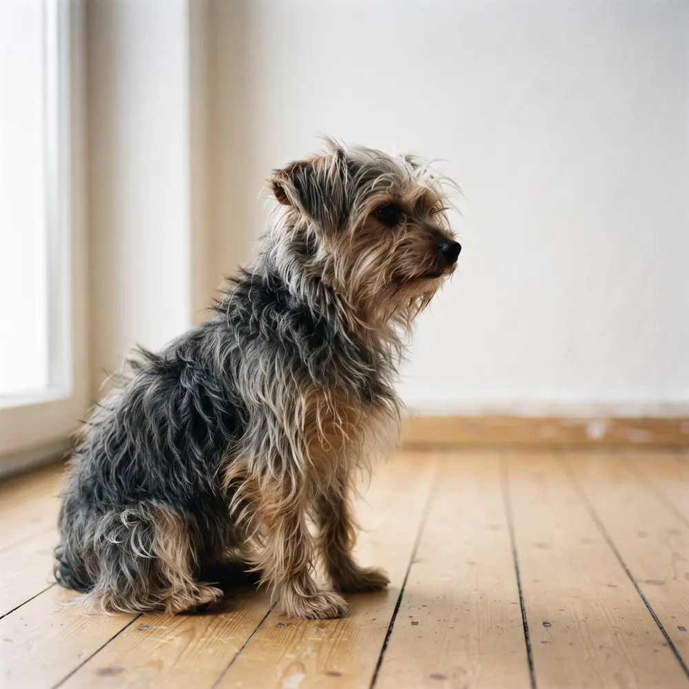 Illustration of a Yorkshire Terrier: the coat between grooms. Not a photograph of a puppy for sale.